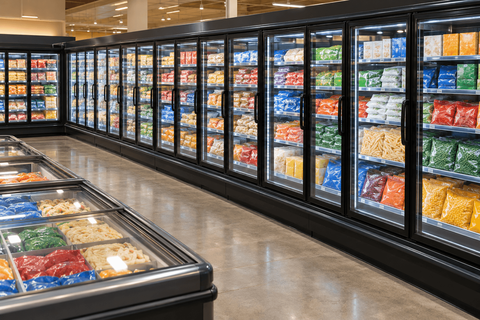 Supermarket frozen food aisle with glass-door freezers and an island freezer case.