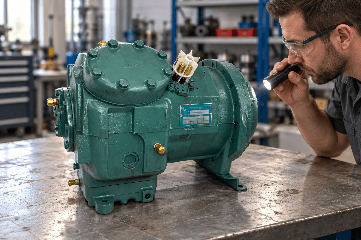HVAC technician using a flashlight to inspect a commercial compressor in a mechanical room.