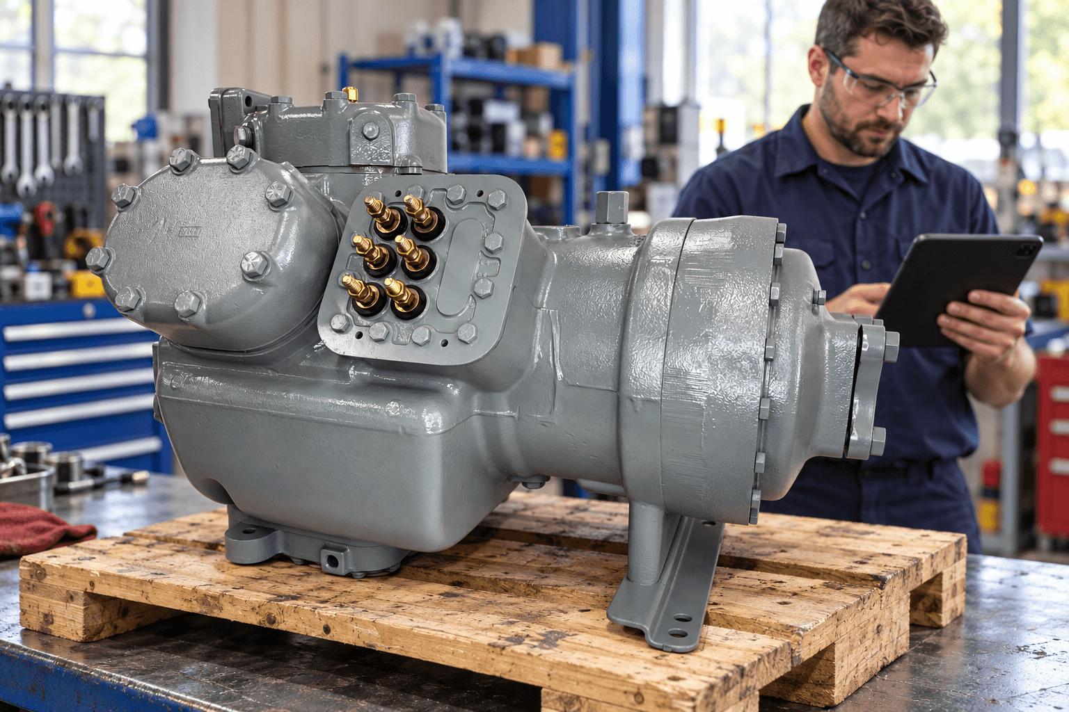 Technician reviewing a tablet beside a replacement commercial compressor on a wooden shipping base.