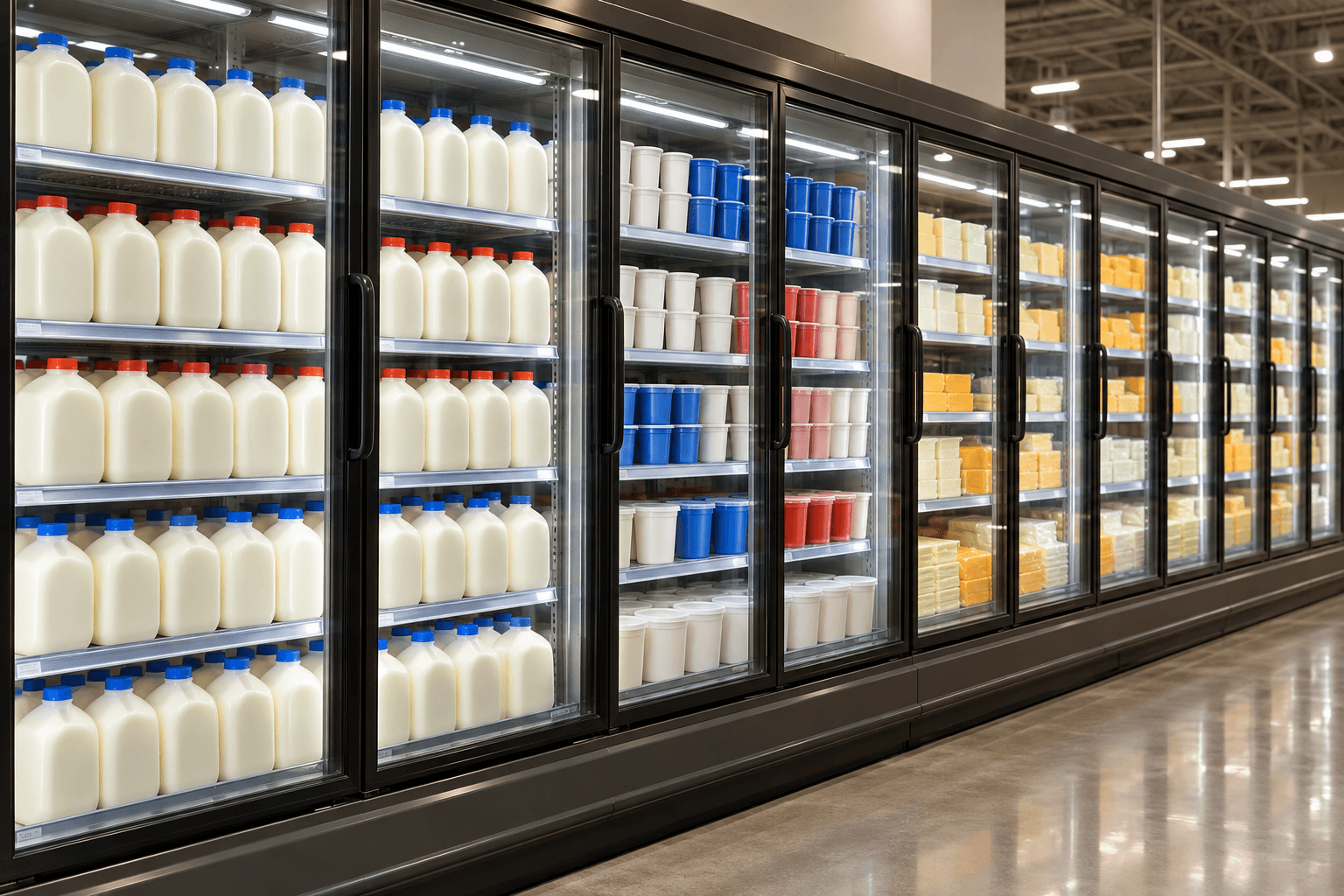 Grocery aisle with glass-door refrigerated cases stocked with milk, yogurt, and cheese.